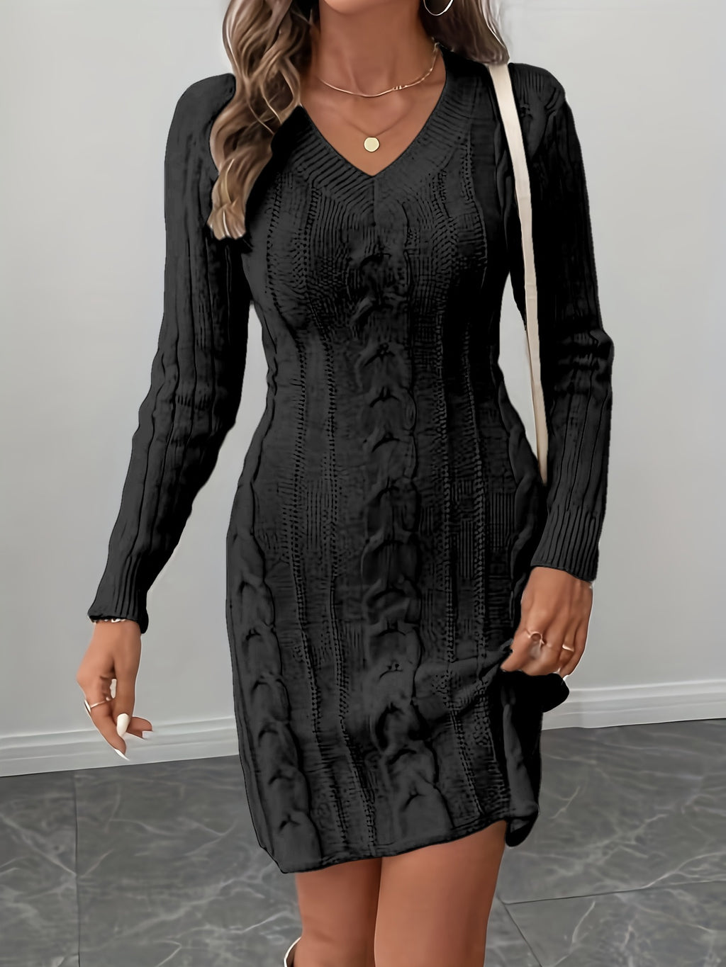 [Vika Women's Winter Dress] Vika Xiangkuan White V-Neck Long-Sleeved Dress - Delicate Beauty of Vertical Twisted Braids - Must-Have Winter Dress for Women - Comfortable And Fashionable