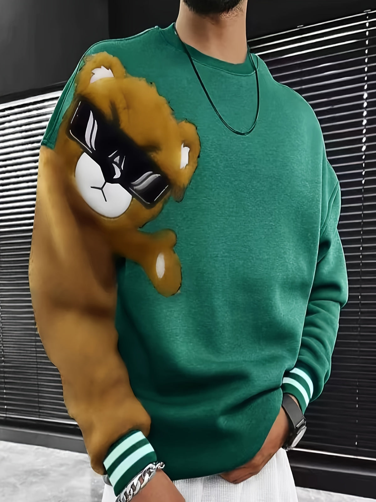 Men'S Fashion Cartoon Bear Long Sleeve Pullover Creative Plush Spliced Casual Sweatshirt