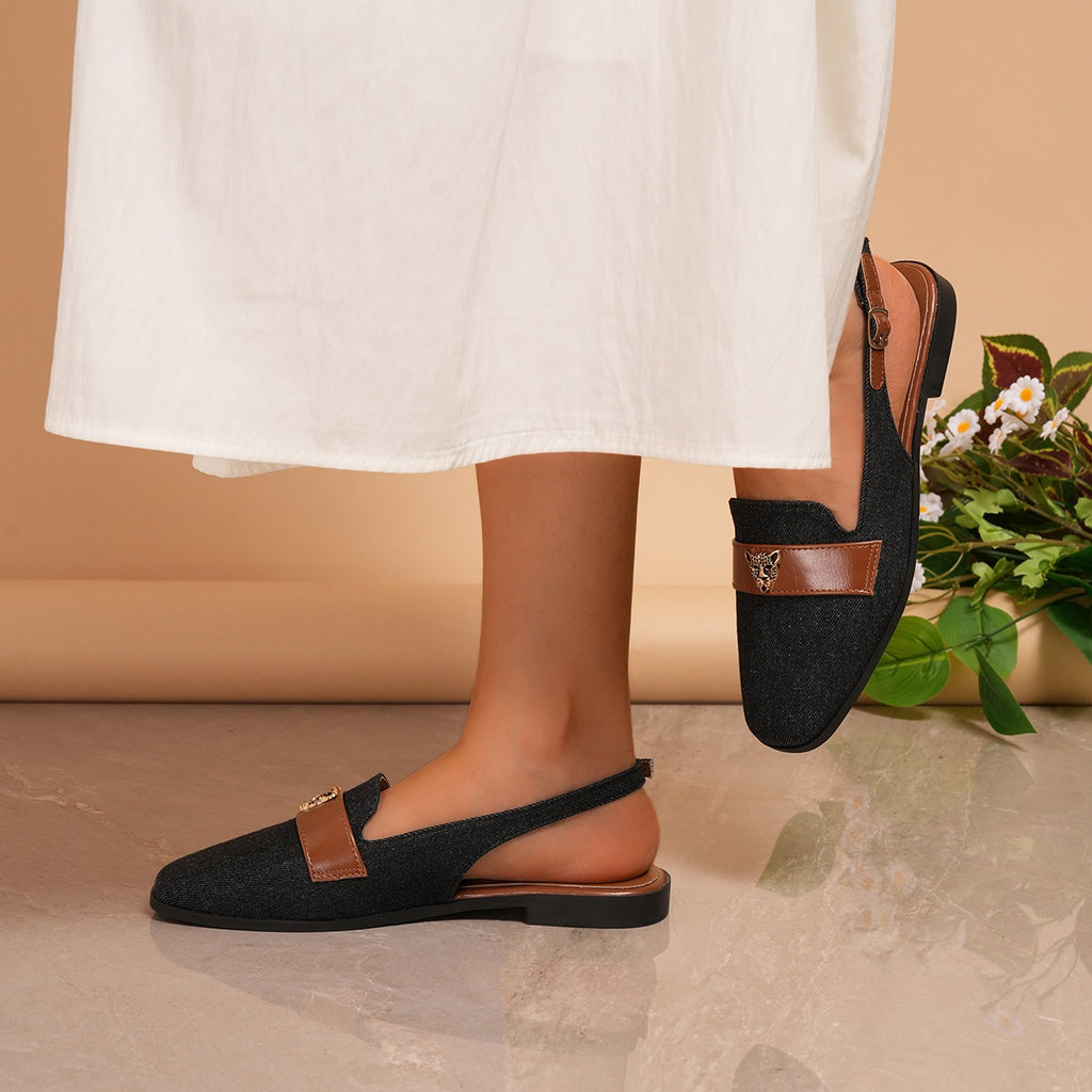 Retro Small Square-Toed Lightweight Soft-Bottom Metal Leopard Head Flat Sandals for Women, Suitable for Everyday Occasions., Women Shoes