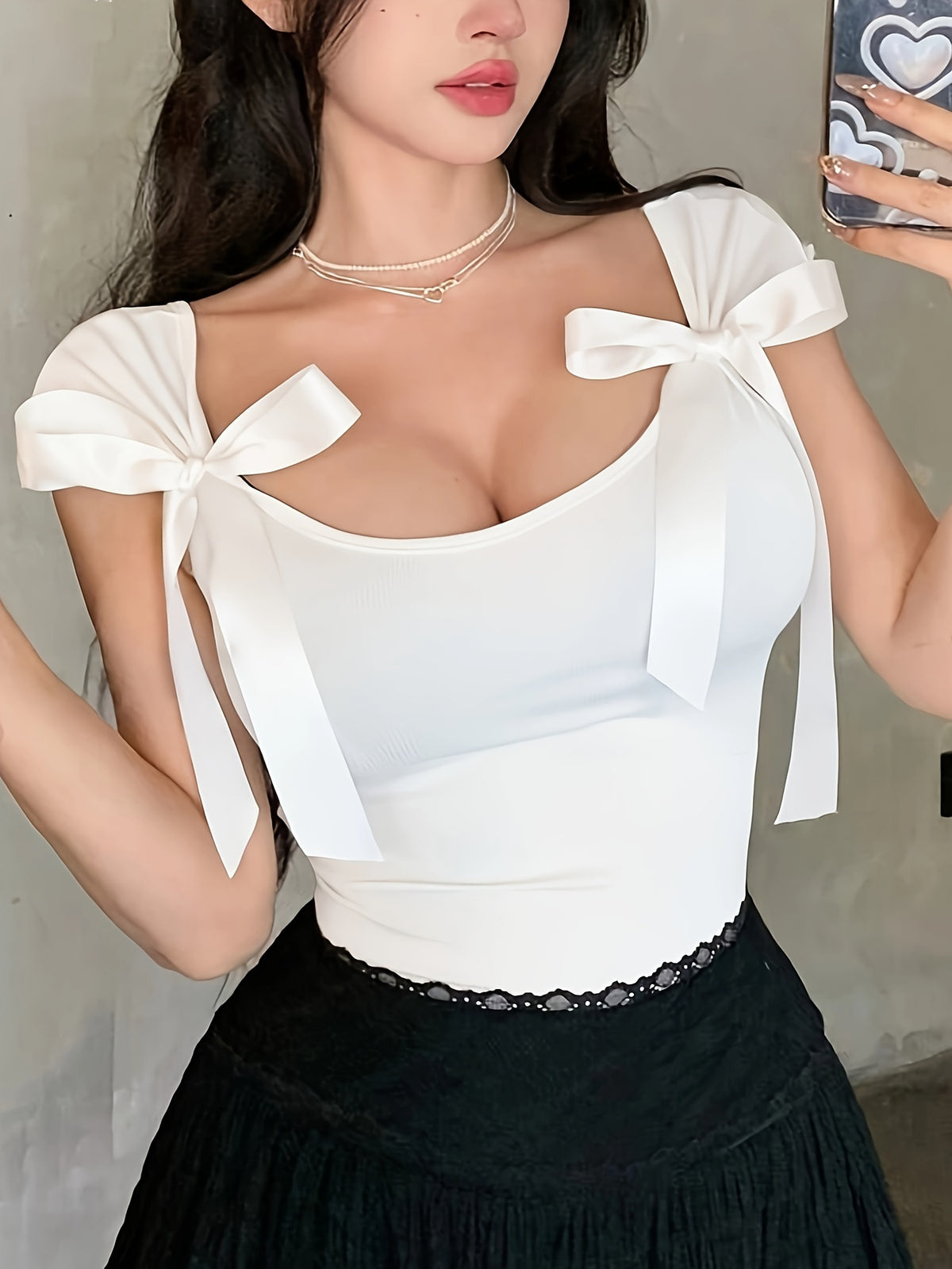 Lin Zuojia Women's Bow Strap Backless T-Shirt - Short Sleeve Round Neck Bow Accent Top, Medium Stretch Fitted Blouse for Spring Summer Fall Layering, Solid Color Casual Wear, Machine Washable Backless Shirt