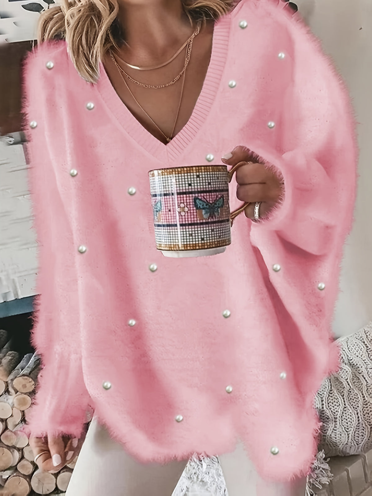 Fashion Solid Color V-Neck Beaded Pullover Casual Loose Long Sleeve Top