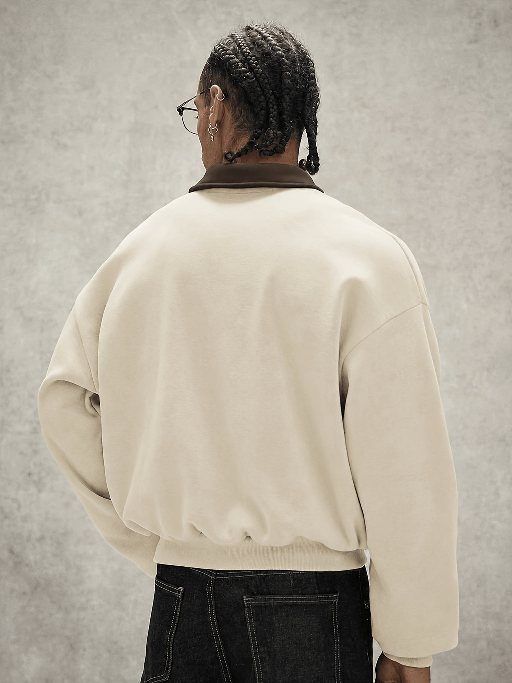 Men'S Loose Minimalist Urban Style Color-Block Polo Neck Sweatshirt, Soft Fabric Half-Button Letter Long Sleeve Pullover Top, Casual Commute City Leisure Wear