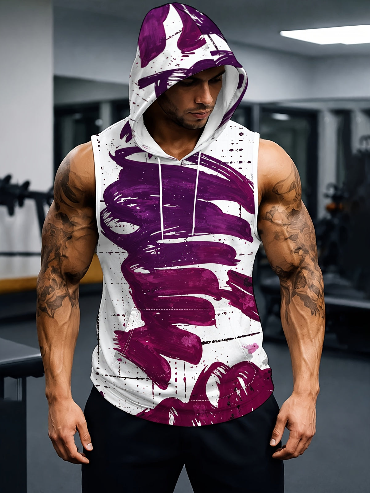 Men'S Hooded Sleeveless Top Black And White Ink Splash Print Sports Fitness Vest Daily Casual Trendy Versatile Breathable Comfortable Slim Fit for Workout Gym Training