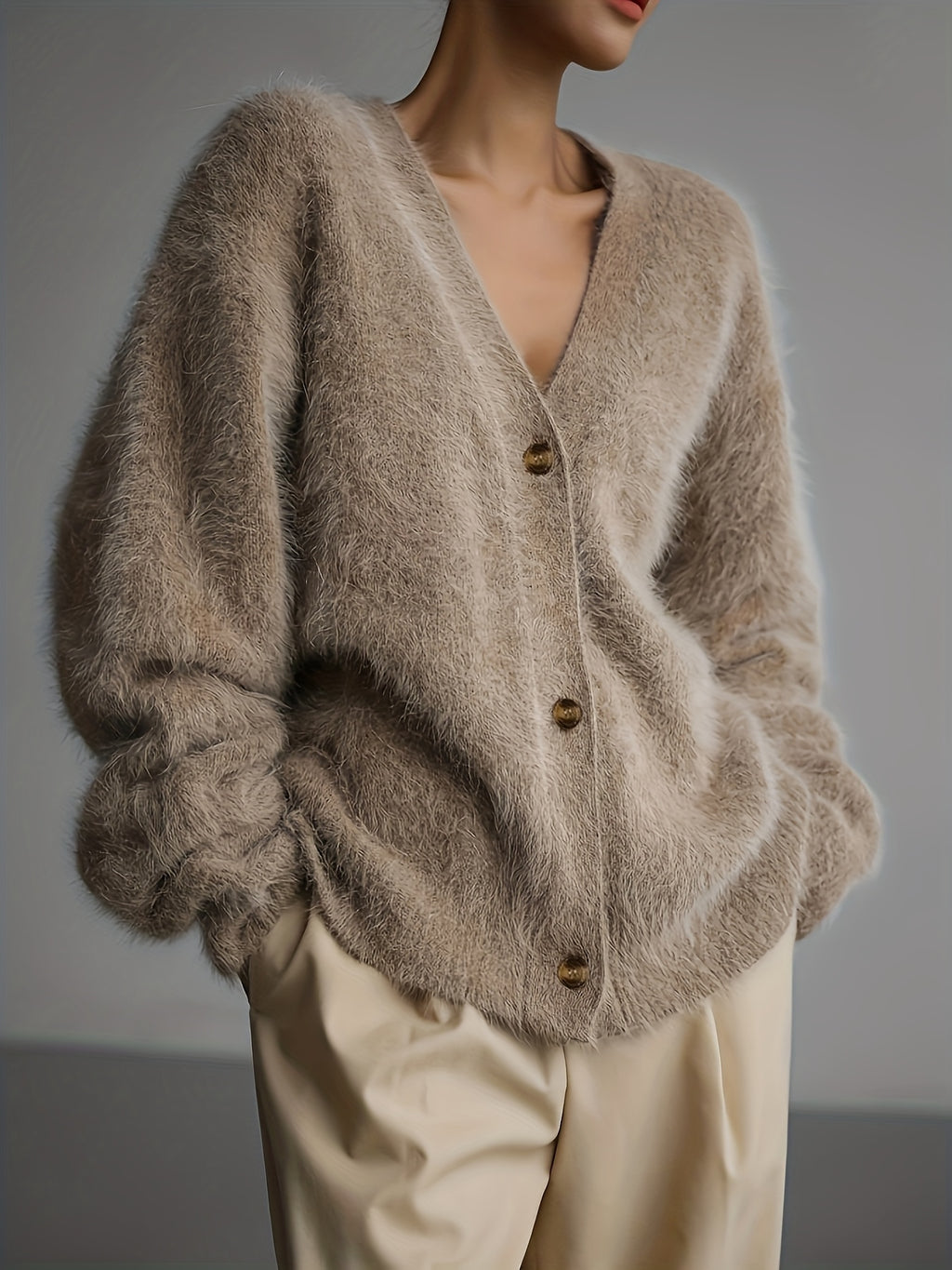 #B0827 Loose Long Sleeve V-Neck Sweater Jacket, Fashionable Easy Women'S Cardigan, Stylish Comfortable Sweater, Easy Elegant Open Front, Versatile Top for Casual, Dates, Parties, Or Business