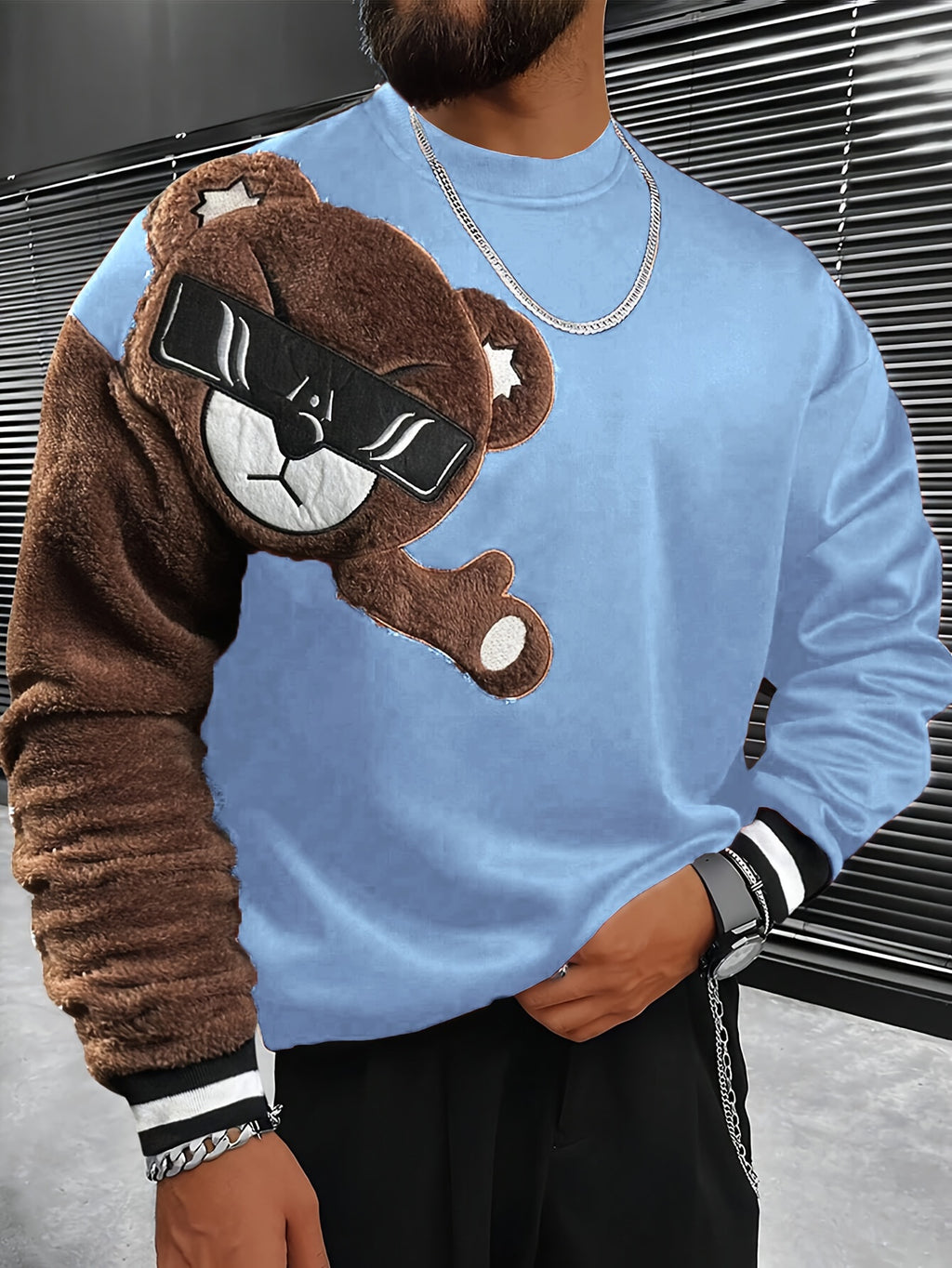 Men'S Fashion Cartoon Bear Long Sleeve Pullover Creative Plush Spliced Casual Sweatshirt