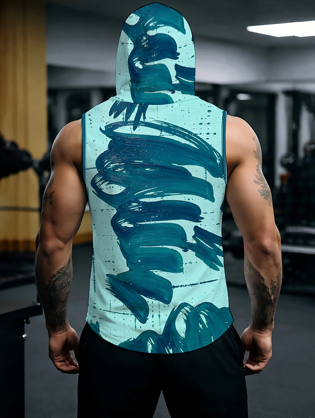 Men'S Hooded Sleeveless Top Black And White Ink Splash Print Sports Fitness Vest Daily Casual Trendy Versatile Breathable Comfortable Slim Fit for Workout Gym Training