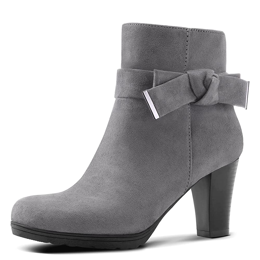 Women'S Bow Accent Round Toe Ankle Boots, Chunky Heel Side Zipper Booties, Comfortable Wear, Trendy Versatile Shoes for Autumn Winter Daily Outfit, Women Shoes