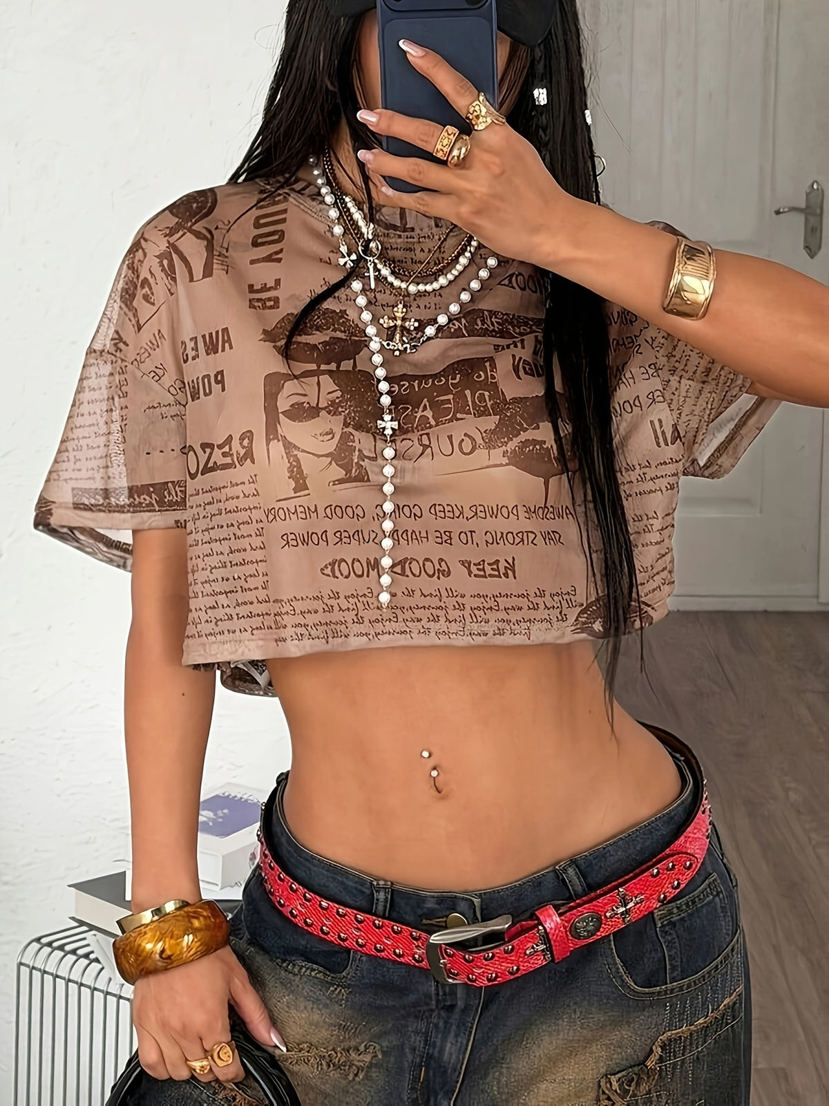 Women's Summer Fashion Newspaper Print Mesh Short Sleeve Crop Top
