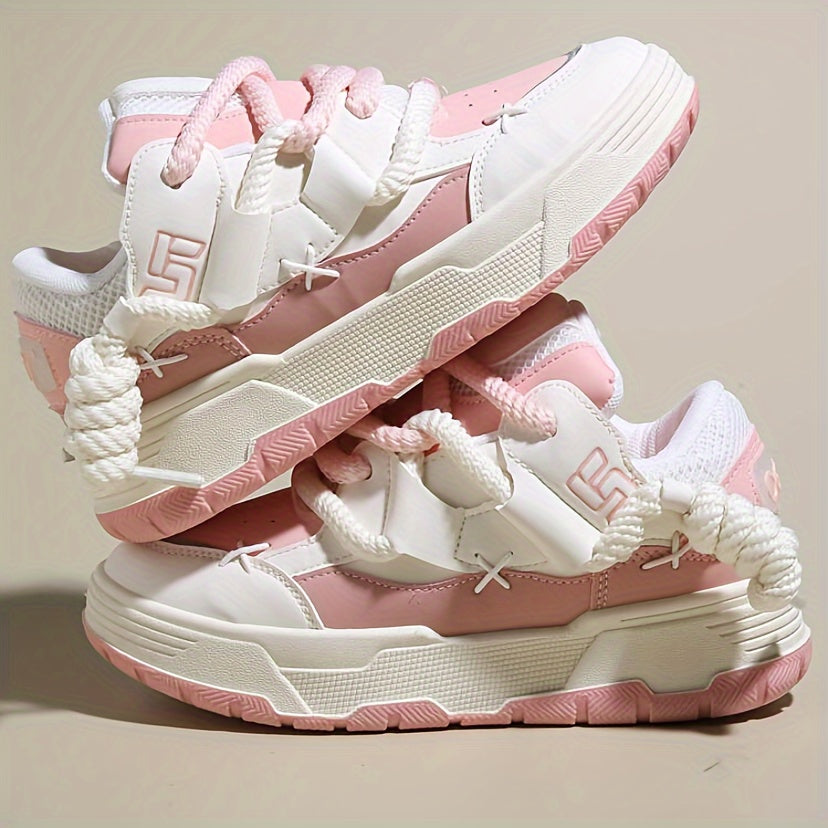 Women'S Niche Design Thick Shoelaces Student Cute Pink Bread Shoes Women'S Ugly Cute Leatherette Girly Thick Sole Height Increasing Sneakers, Women Shoes