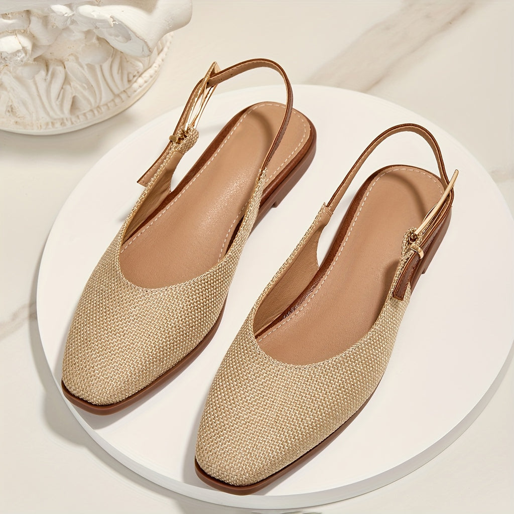 Linen Square Toe Soft Sole, Shallow Mouth Metal Buckle Women'S Flat Sandals, Women Shoes