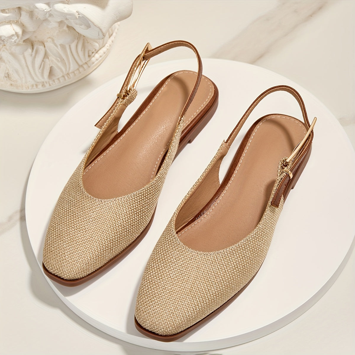 Linen Square Toe Soft Sole, Shallow Mouth Metal Buckle Women'S Flat Sandals, Women Shoes