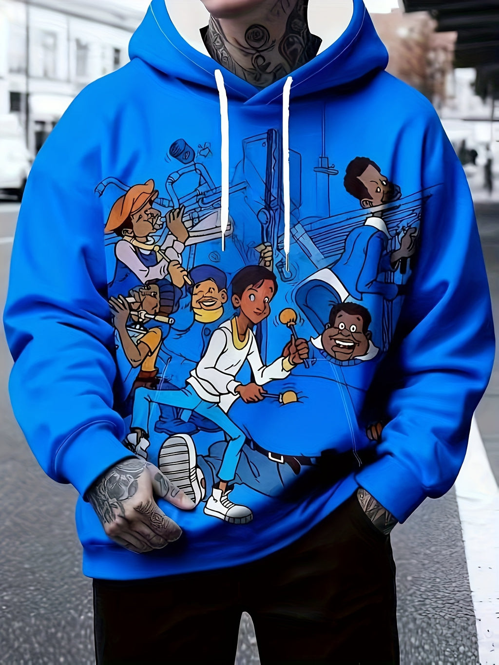 High-Quality Clearan 3D Print Men'S Hooded Drop Shoulder Novelty Long Sleeve Sweatshirt with Cartoon Pattern | Fashionable Streetwear Casual Fashion, Geometric-Pattern, Slight Stretch Fabric