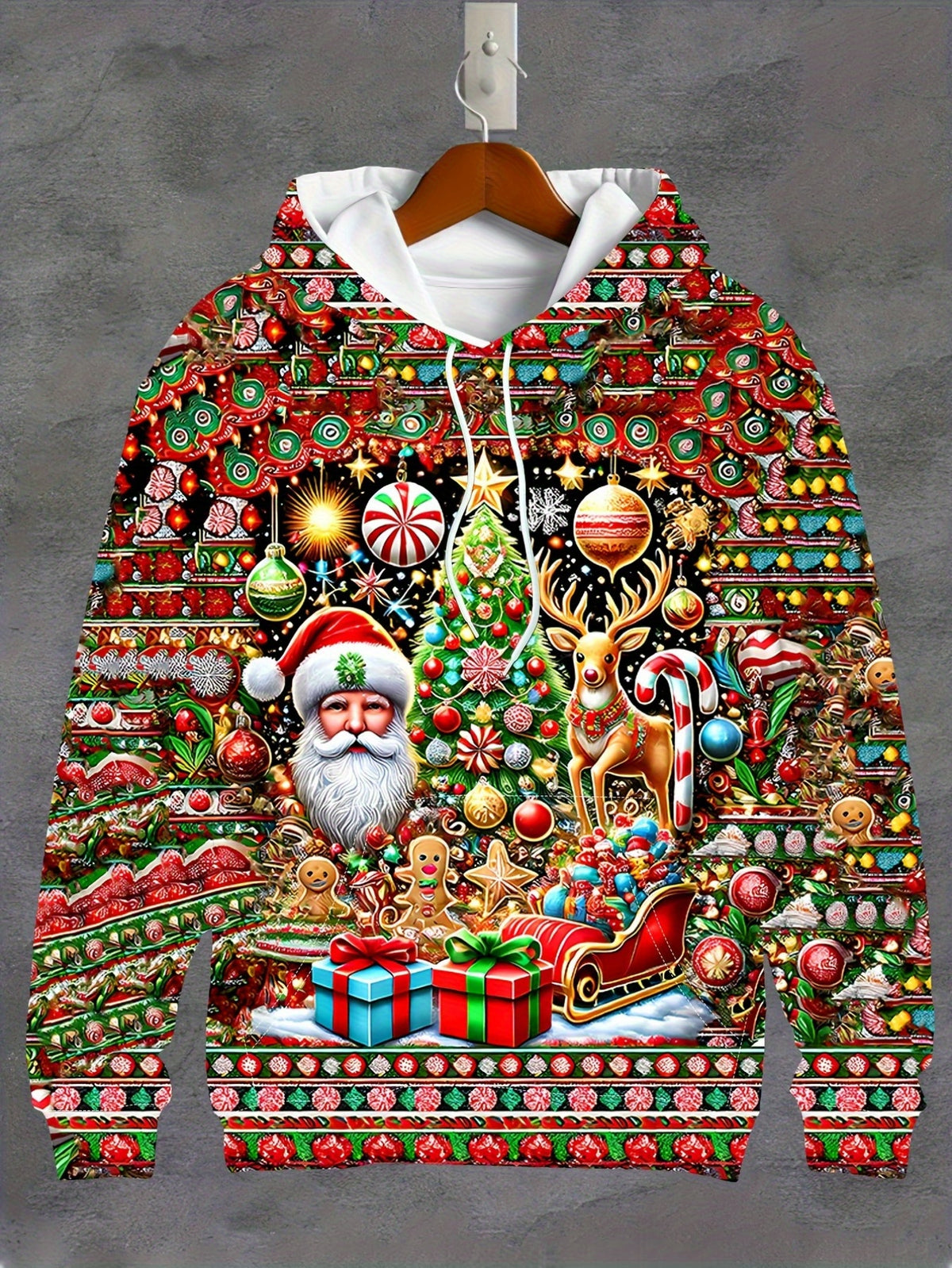 New 3D Men's Long-Sleeve Casual Hoodie with 3D Christmas Print - Santa Claus, Christmas Tree - Men's Fashion Casual Sweatshirt, Printed Hoodie with Drawstring and Kangaroo Pocket, Stylish Sweatshirt for Daily Wear and Commuting, Fashionable Patterned
