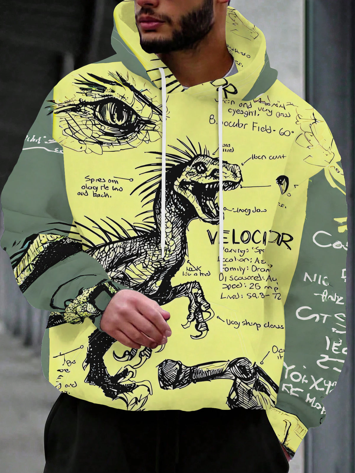 A Stylish Hooded Sweatshirt, a Casual Sports Hoodie Featuring a Hand-Drawn Yellow Illustration of a Thief Dinosaur with a Front Pocket - Made from Stretchy Blended Fabric, Suitable for Spring And Autumn, Ideal for Casual Sportswear