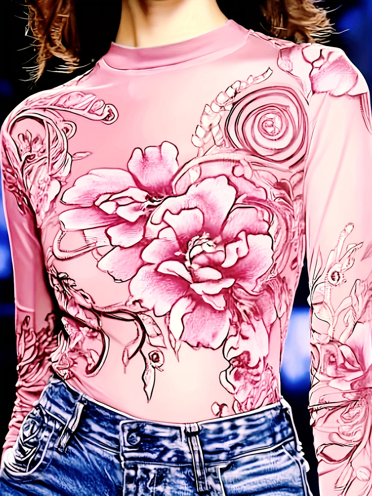 Women'S Long-Sleeved Tight Top, Elegant And Sexy Long-Sleeved Round Neck Blue Floral Print T-Shirt Top