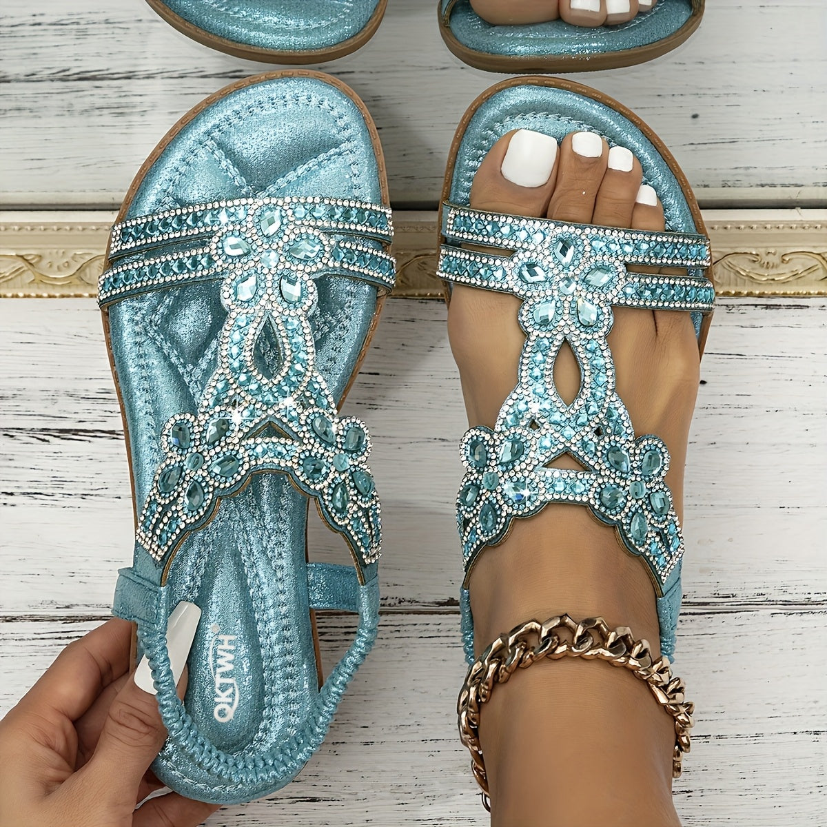 Women's Floral Rhinestone Flat Sandals, Bohemian Style Open Toe Elastic Strap Slip-Ons, Casual Summer Beach Sandals, Women Shoes