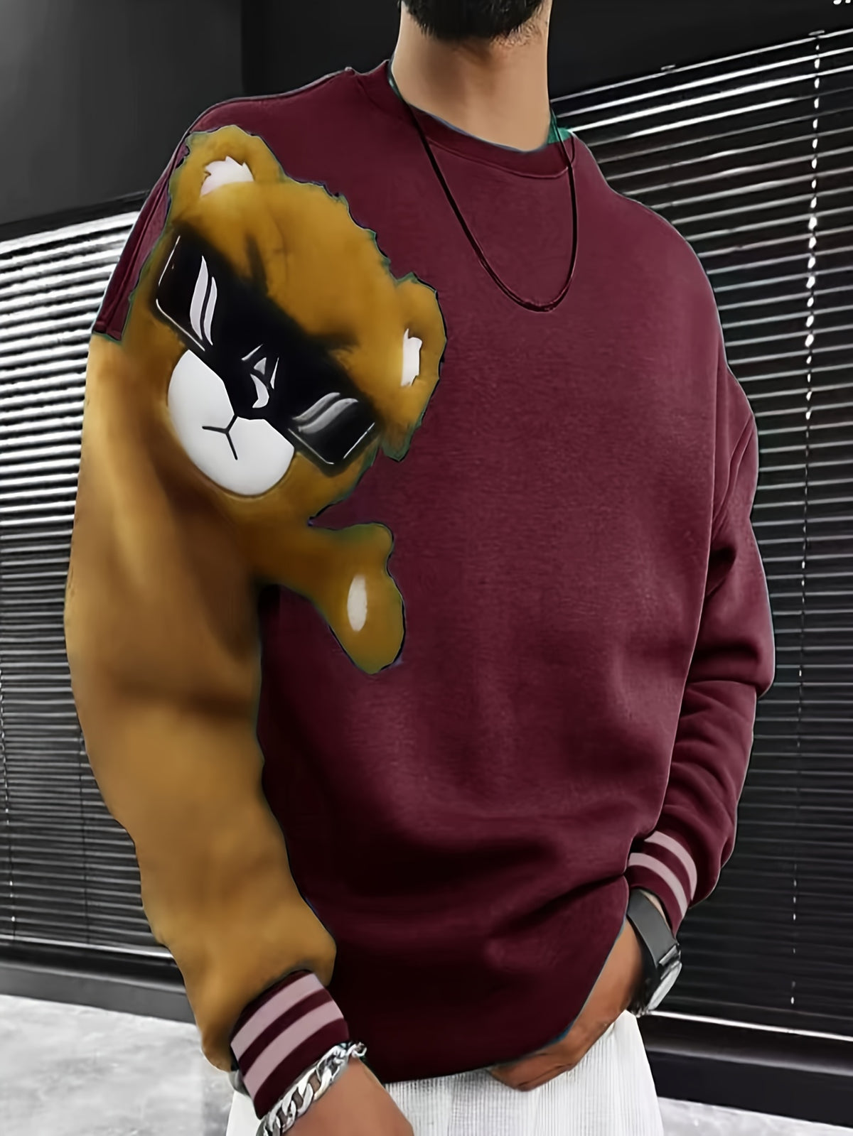 Men'S Fashion Cartoon Bear Long Sleeve Pullover Creative Plush Spliced Casual Sweatshirt