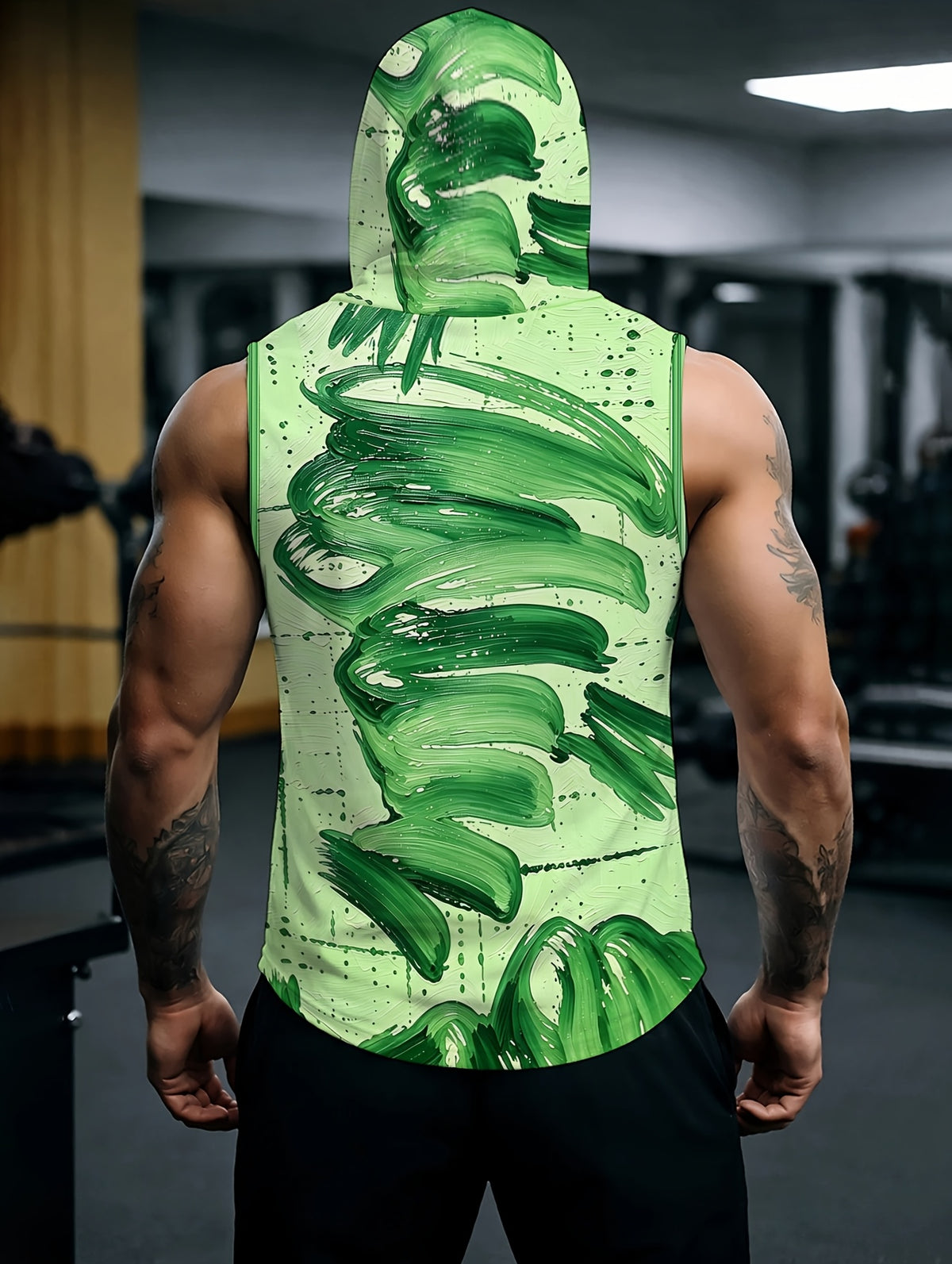 Men'S Hooded Sleeveless Top Black And White Ink Splash Print Sports Fitness Vest Daily Casual Trendy Versatile Breathable Comfortable Slim Fit for Workout Gym Training