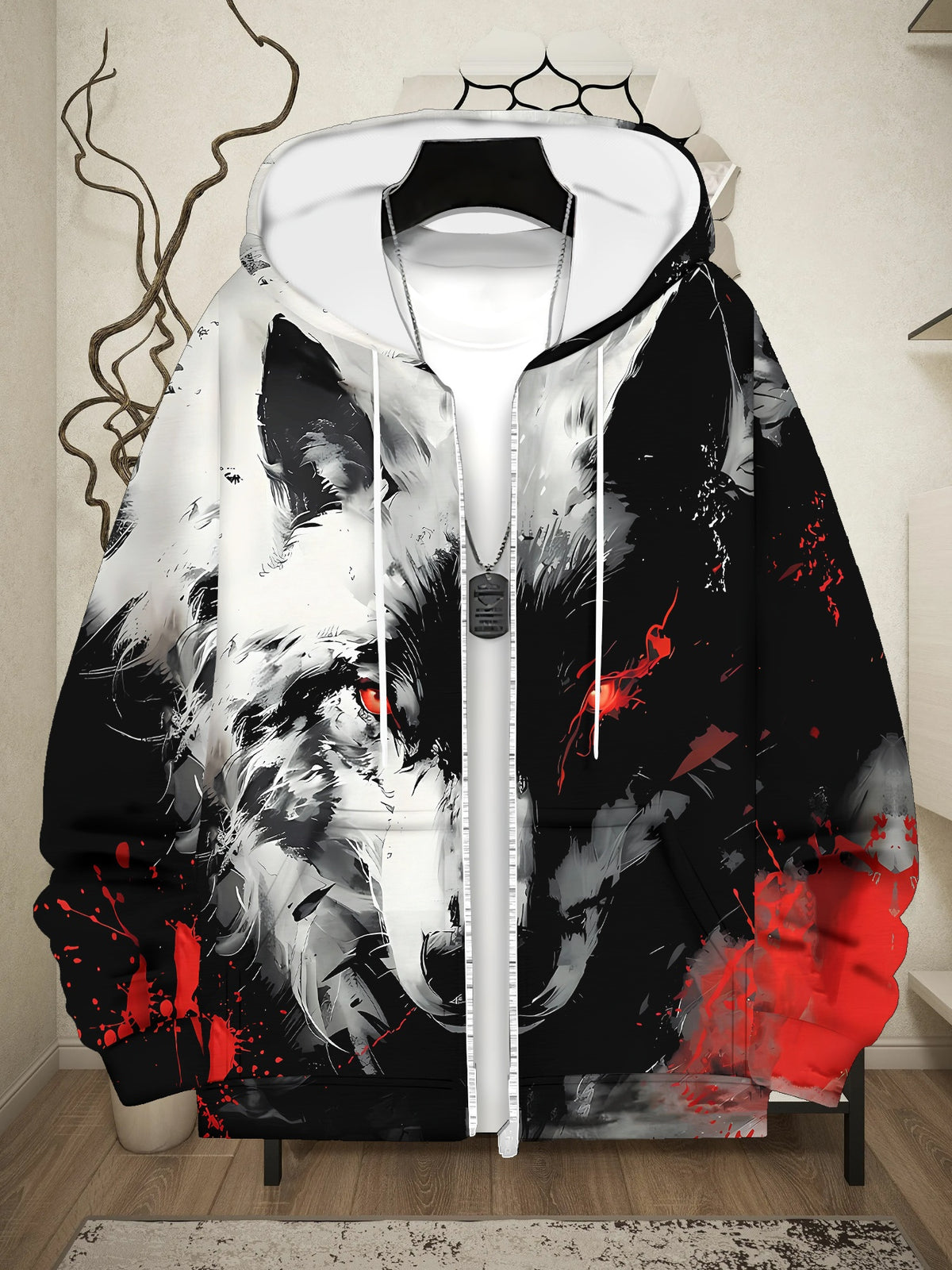 Men's Long-sleeve Zip-up Wolf Print Hooded Sweatshirt, Autumn/winter Casual Outdoor Jacket with Drawstring and Pockets