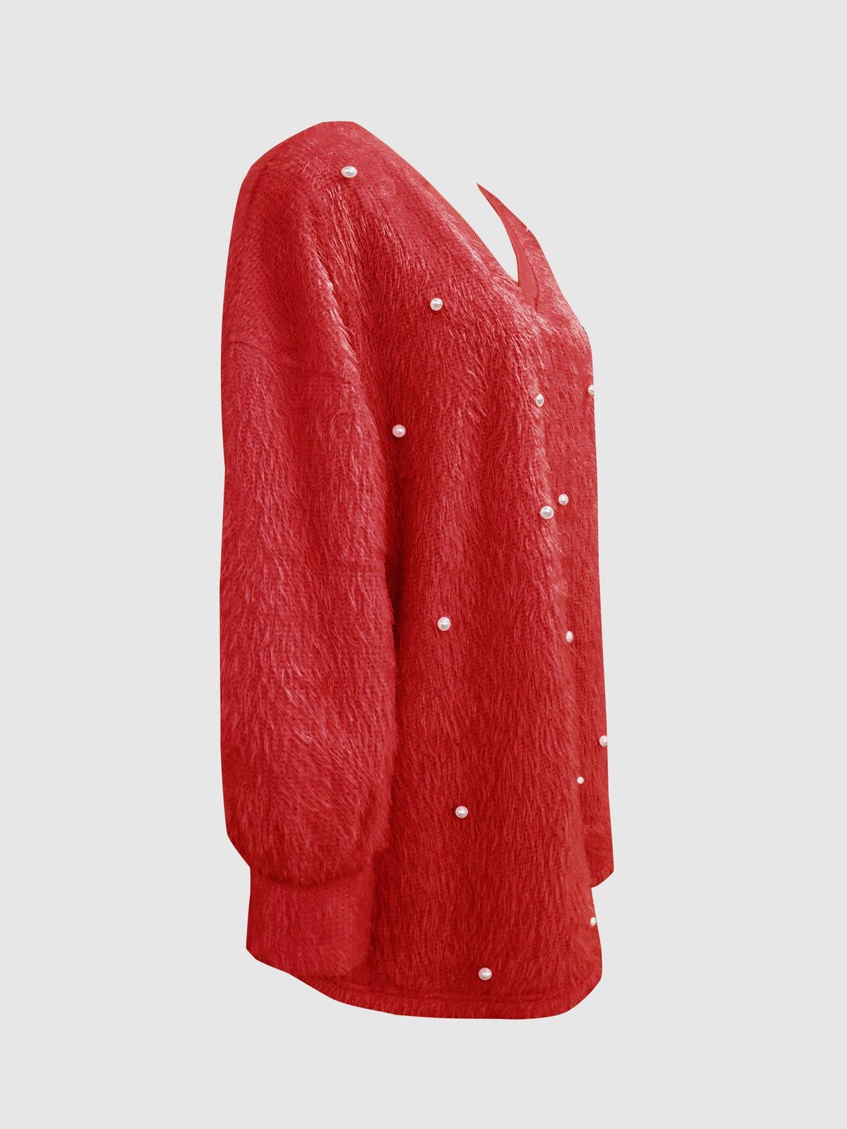 Fashion Solid Color V-Neck Beaded Pullover Casual Loose Long Sleeve Top