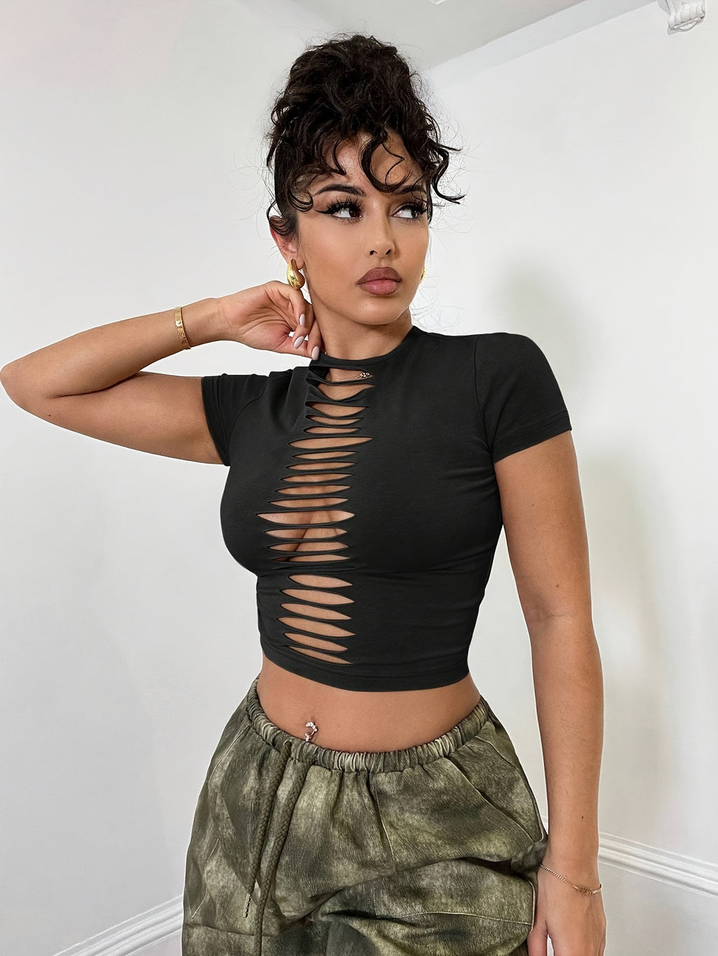 Solid Color Cropped Top, Casual Short-Sleeved Slim T-Shirt, Suitable for Spring And Summer Seasons, Women'S Clothing