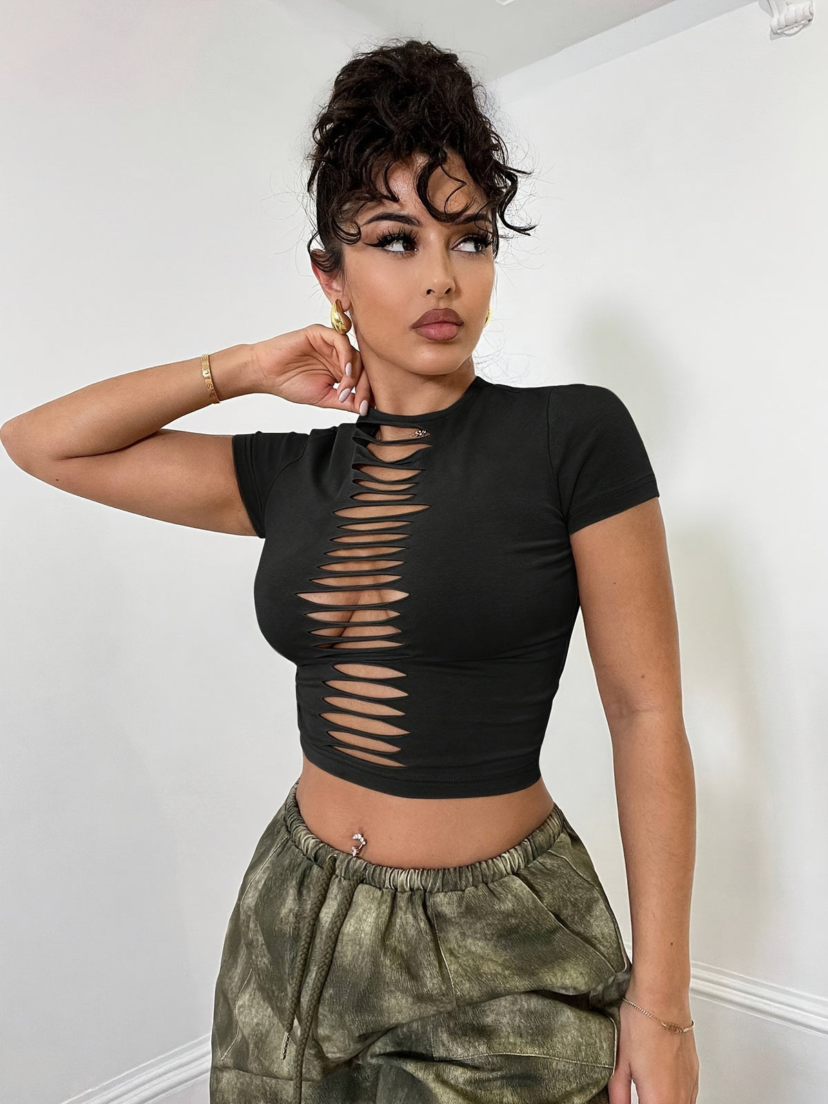 Solid Color Cropped Top, Casual Short-Sleeved Slim T-Shirt, Suitable for Spring And Summer Seasons, Women'S Clothing