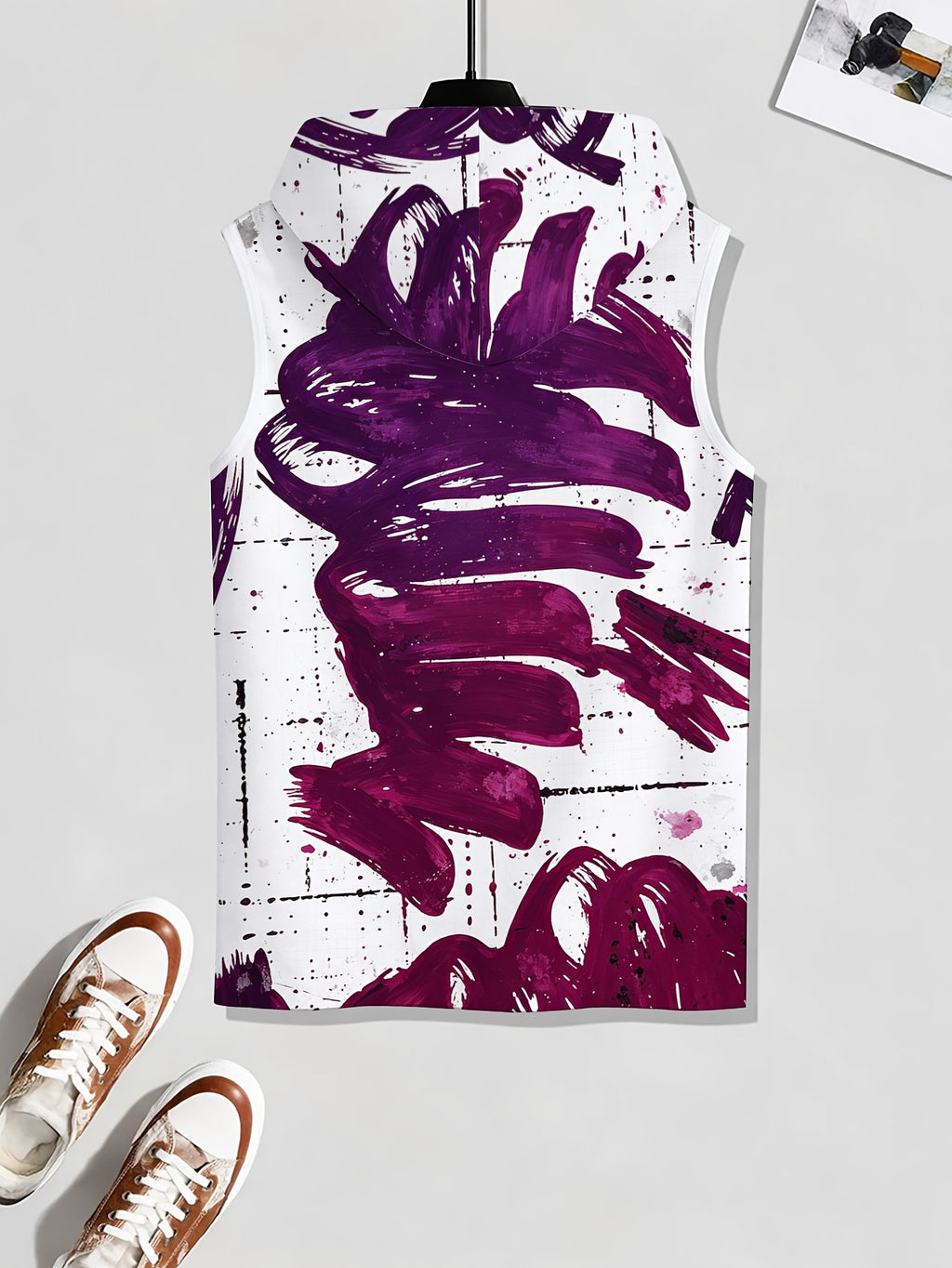 Men'S Hooded Sleeveless Top Black And White Ink Splash Print Sports Fitness Vest Daily Casual Trendy Versatile Breathable Comfortable Slim Fit for Workout Gym Training