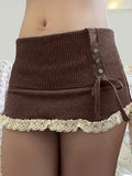 Lace Patchwork Hot Sexy Coffee Brown Mini Skirt for Women, Fashionable Half Skirt, Elegant Casual Street Party Sweater Mini Skirt, Stretchy