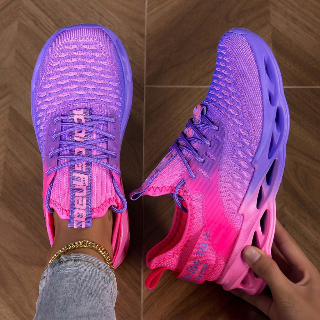 Pink Purple Gradient Women'S Casual Running Shoes: Mesh Knit And Hollow Sole, Lace-Up Sports Fitness Shoes for Running Training, Everyday Outdoor, Women Shoes, Sneakers