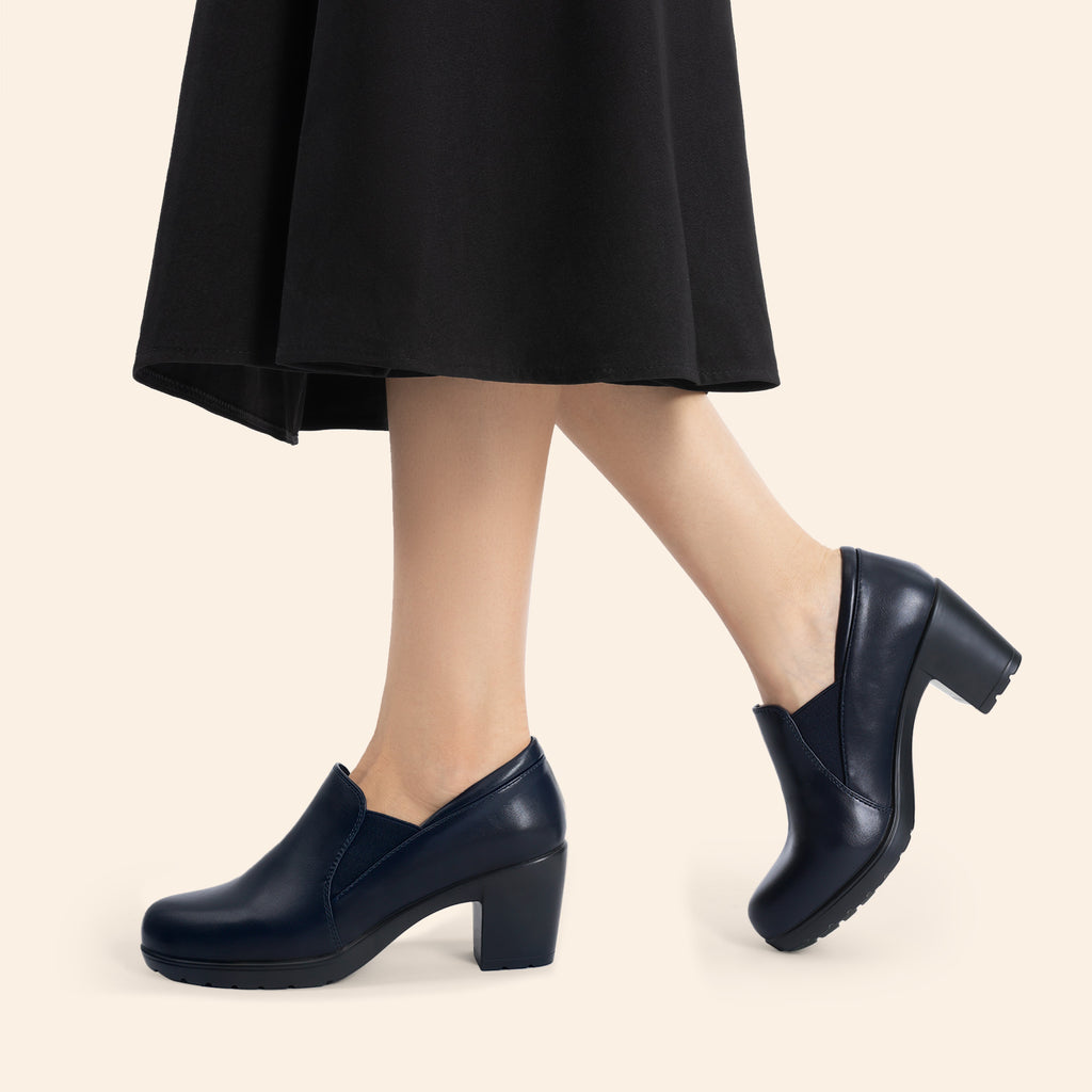 Women's Low Chunky Block Heel Slip-On Pumps - Round Toe Dress Loafers with Cushioned TPR Sole, Low Block Heels Suitable for Office, Business, Casual Wear - - Comfortable Work Shoes, Women Shoes