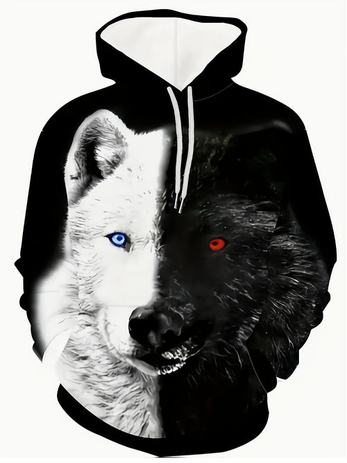 Digital Print Trendy Hooded Sweatshirt - Autumn Hoodie - 3D Digital Print - Two-Color Wolf Dog Design