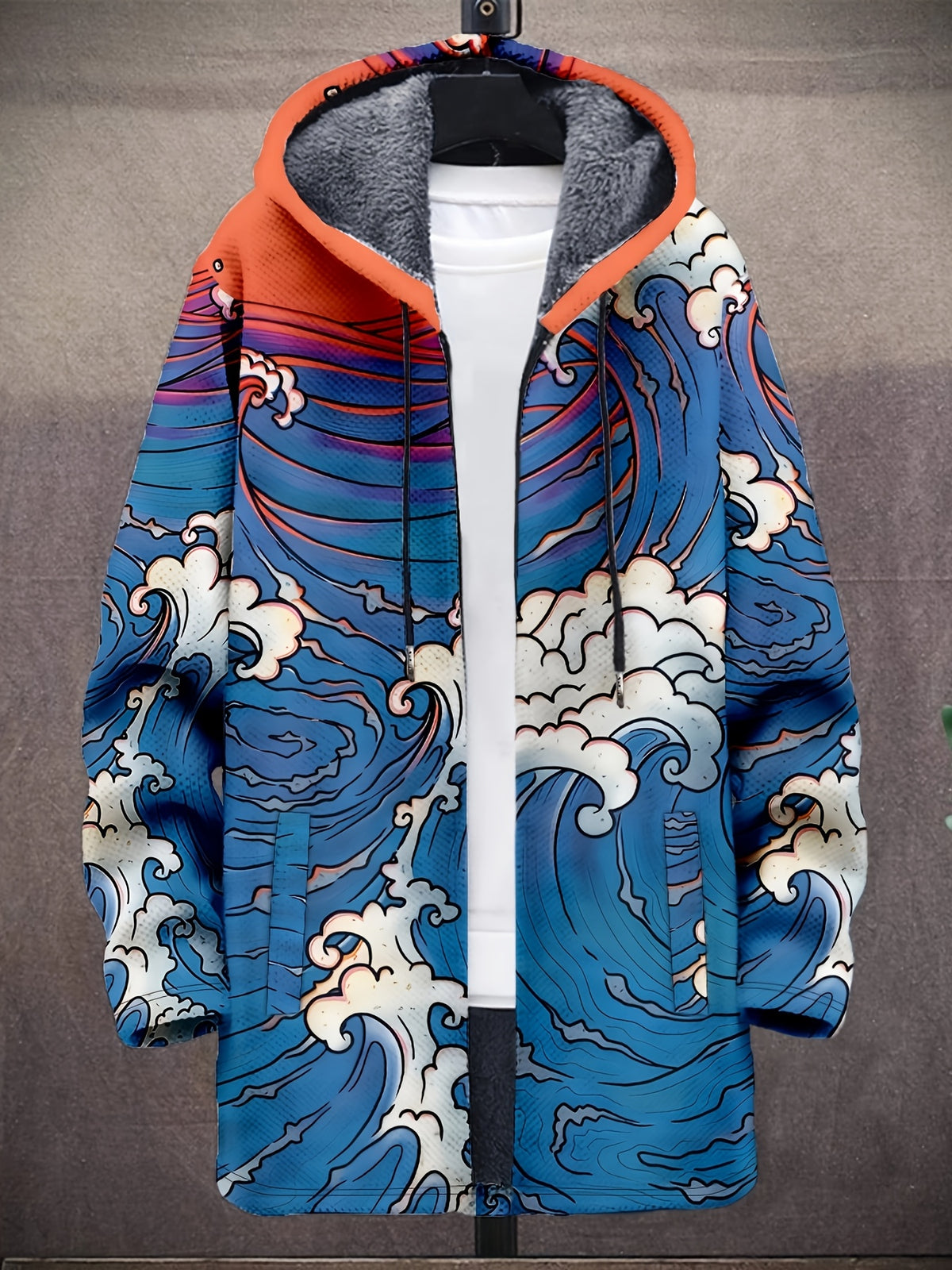 Vintage Wave Art Design Pattern 3D Print Fashion Men's Plush Cardigan Coat Thick Winter Casual Warm Zip Hooded Jacket