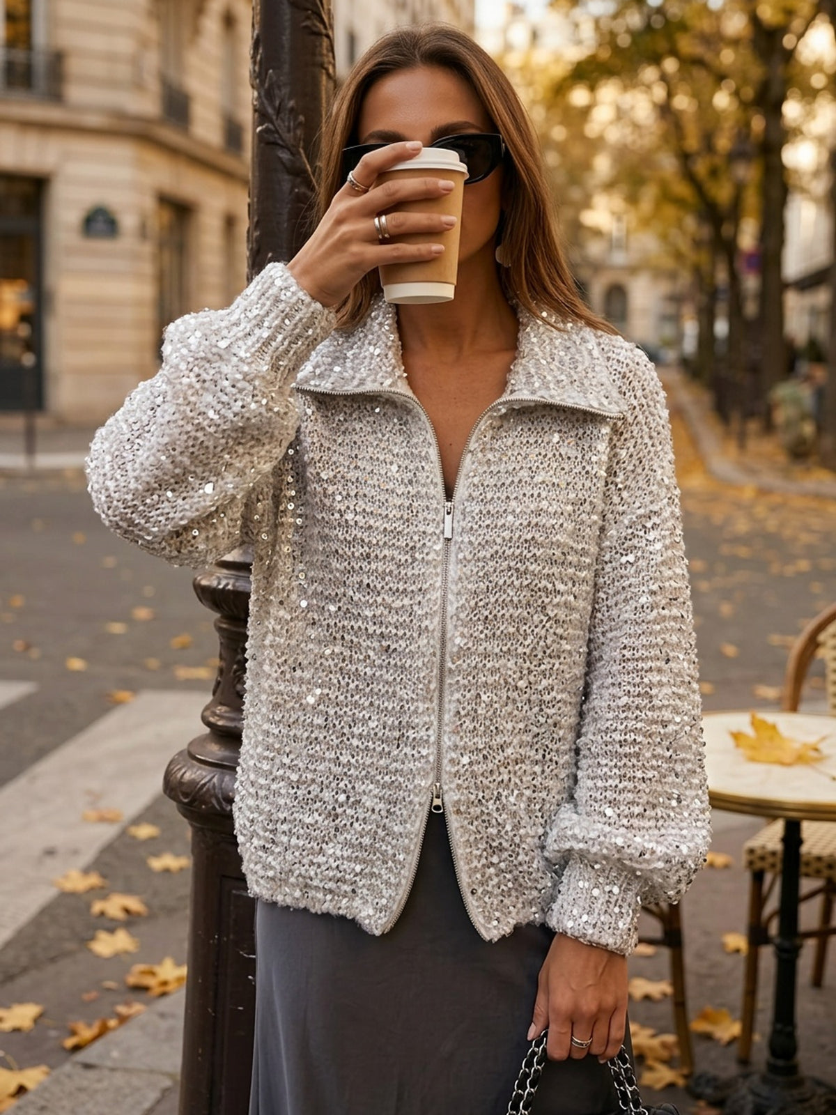 Simple and Stylish Sequined Cardigan, Solid Color Zipper Lapel Autumn/Winter Outerwear, Niannian