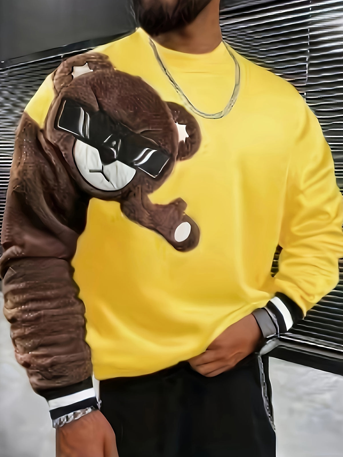 Men'S Fashion Cartoon Bear Long Sleeve Pullover Creative Plush Spliced Casual Sweatshirt