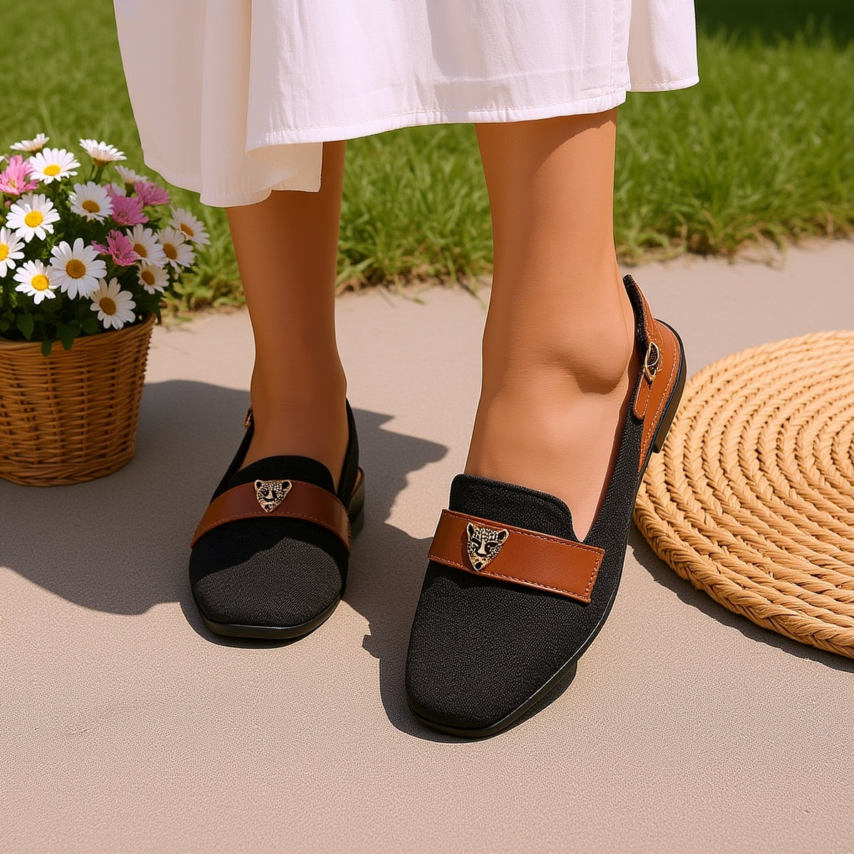Retro Small Square-Toed Lightweight Soft-Bottom Metal Leopard Head Flat Sandals for Women, Suitable for Everyday Occasions., Women Shoes