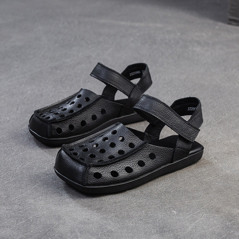 Retro Hollow Square Toe Hook-And-Loop Sandals Women'S First Layer Cowhide Genuine Leather Soft Sole Loafer Single Shoes Breathable Beef Tendon Sole Design Daily Commute, Shopping And Travel, Women Shoes