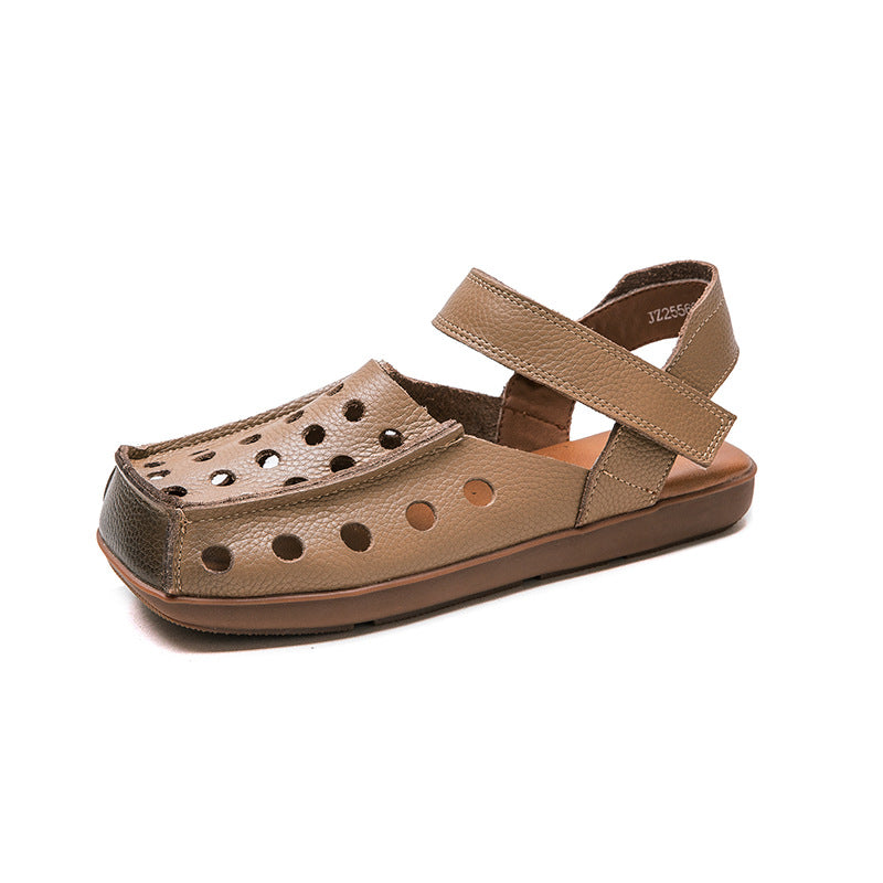 Retro Hollow Square Toe Hook-And-Loop Sandals Women'S First Layer Cowhide Genuine Leather Soft Sole Loafer Single Shoes Breathable Beef Tendon Sole Design Daily Commute, Shopping And Travel, Women Shoes