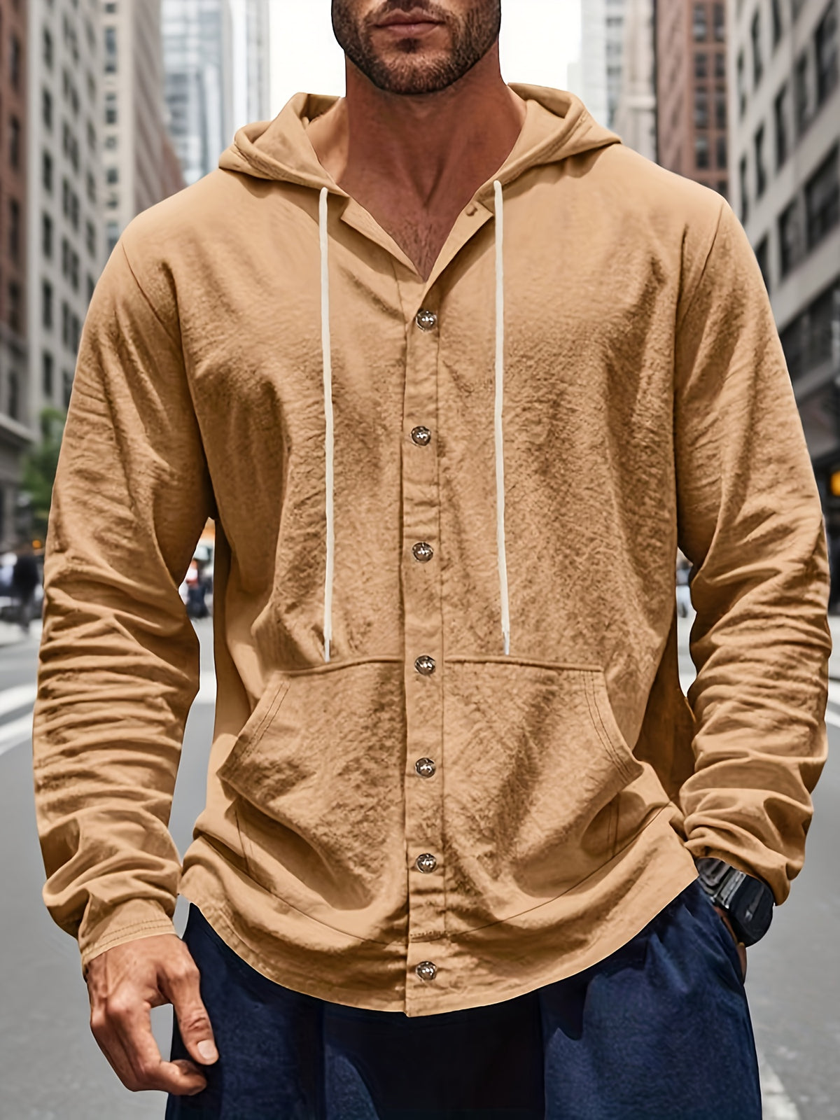 Men's American-style Long-sleeved Shirt with Hood for Spring and Autumn, Loose Linen, Casual and Simple, a Versatile Top for Beach Vacations