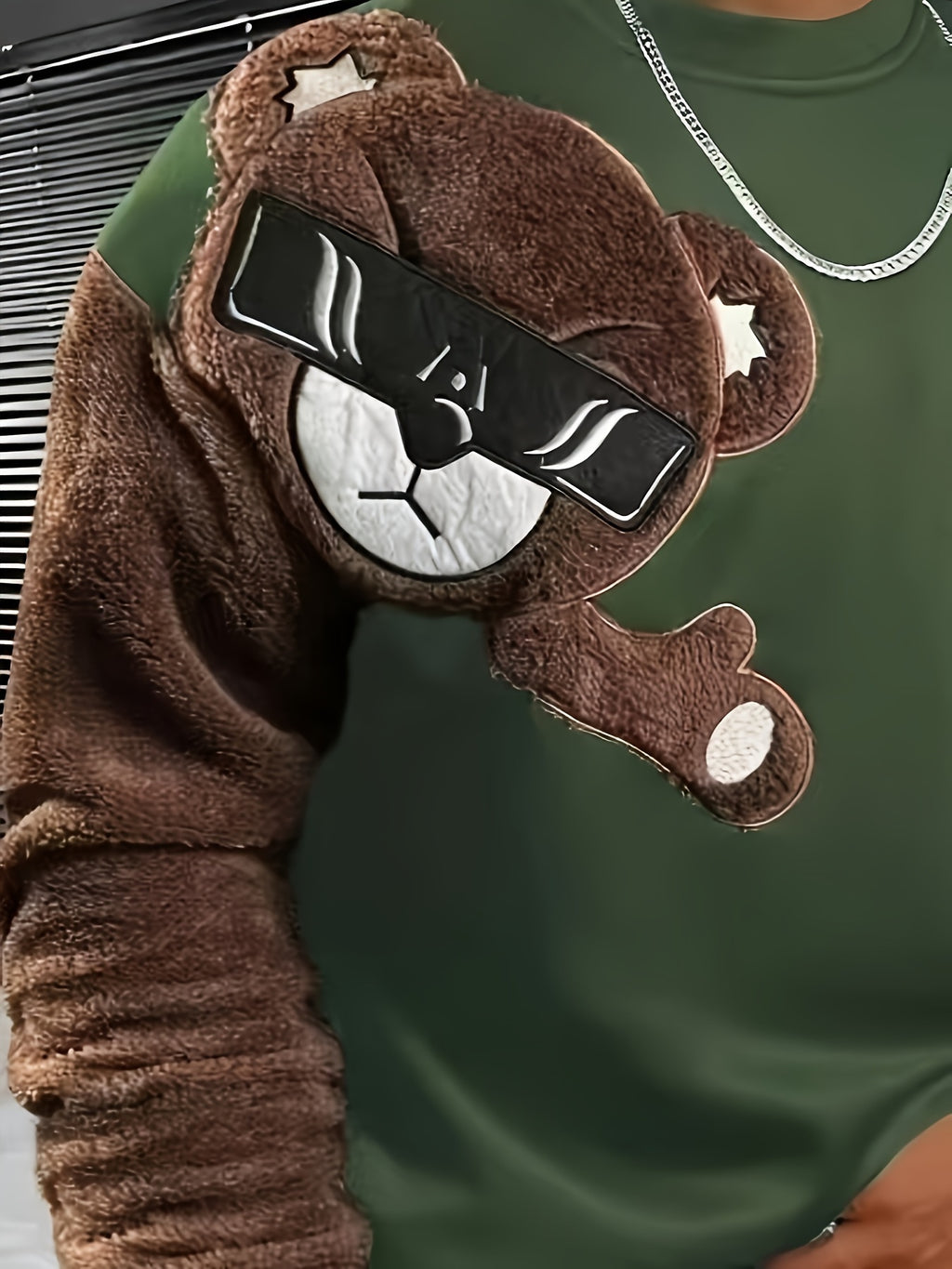Men'S Fashion Cartoon Bear Long Sleeve Pullover Creative Plush Spliced Casual Sweatshirt