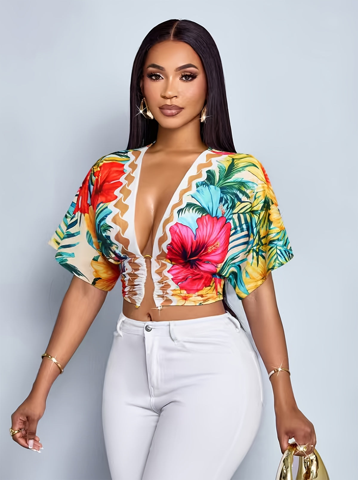 Women's Elegant Tropical Print Ruched Cut-Out Slim-Fit Metal Ring Buckle Short Sleeve T-Shirt, Crop Top V-Neck Summer Top, Suitable for Beach Vacations