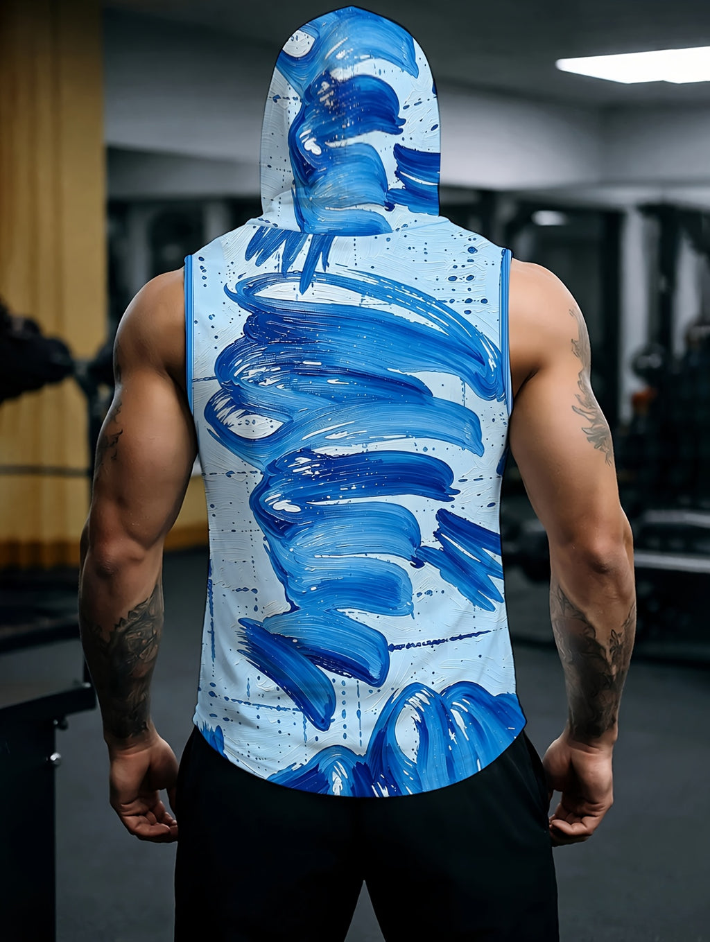 Men'S Hooded Sleeveless Top Black And White Ink Splash Print Sports Fitness Vest Daily Casual Trendy Versatile Breathable Comfortable Slim Fit for Workout Gym Training