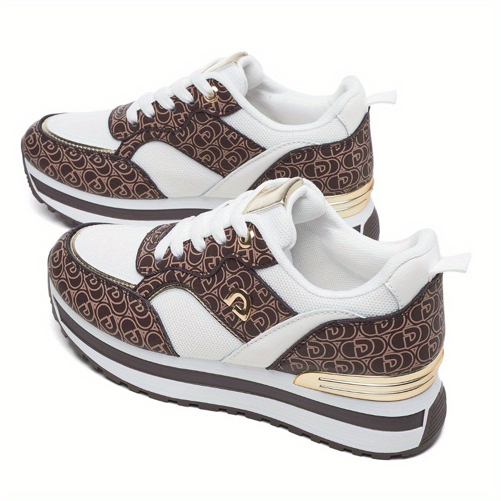 Desai Women's Sneakers with Letter Pattern Design, Platform Sole Fashion Shoes, Student Thick-Soled Running Shoes, Round Toe Lace-Up Low-Top Sneakers, Women Shoes