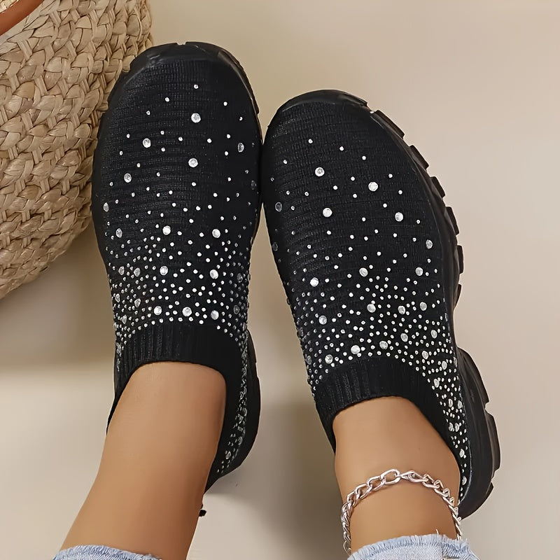 [Stretch Socks Sneakers] Women's Stretch Socks Shoes with Rhinestone Embellishments, Low-Top Knit Sneakers, Breathable Walking Sneakers with EVA Soft Soles, Women Shoes Elegant Women Shoes Classy Lady Shoes