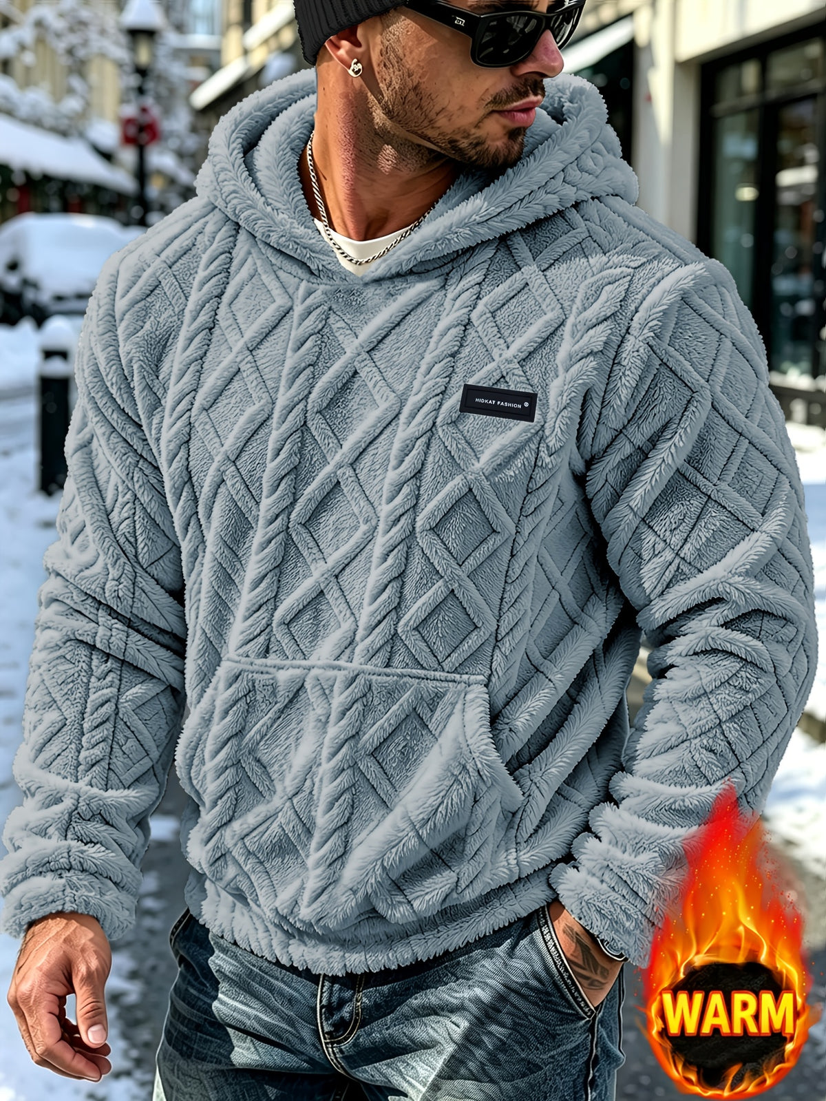 Men's Winter Casual -Lined Warm Hooded Sweatshirt, Soft Pullover with Large Pocket, Cable Knit Texture, Loose Fit, Suitable for Travel, Vacation, Outdoor, Streetwear, Daily Commuting, and as a Gift Option