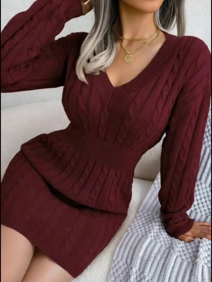 Women'S Directional Cable Sweater Dress Solid Off-Shoulder Sleeve