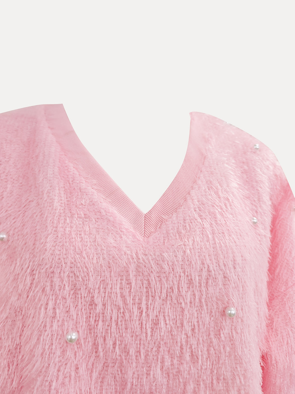 Fashion Solid Color V-Neck Beaded Pullover Casual Loose Long Sleeve Top