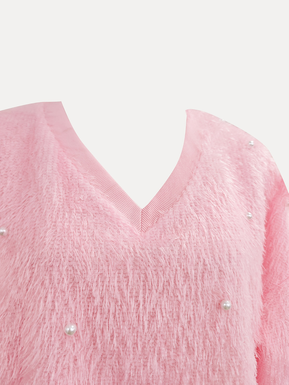 Fashion Solid Color V-Neck Beaded Pullover Casual Loose Long Sleeve Top
