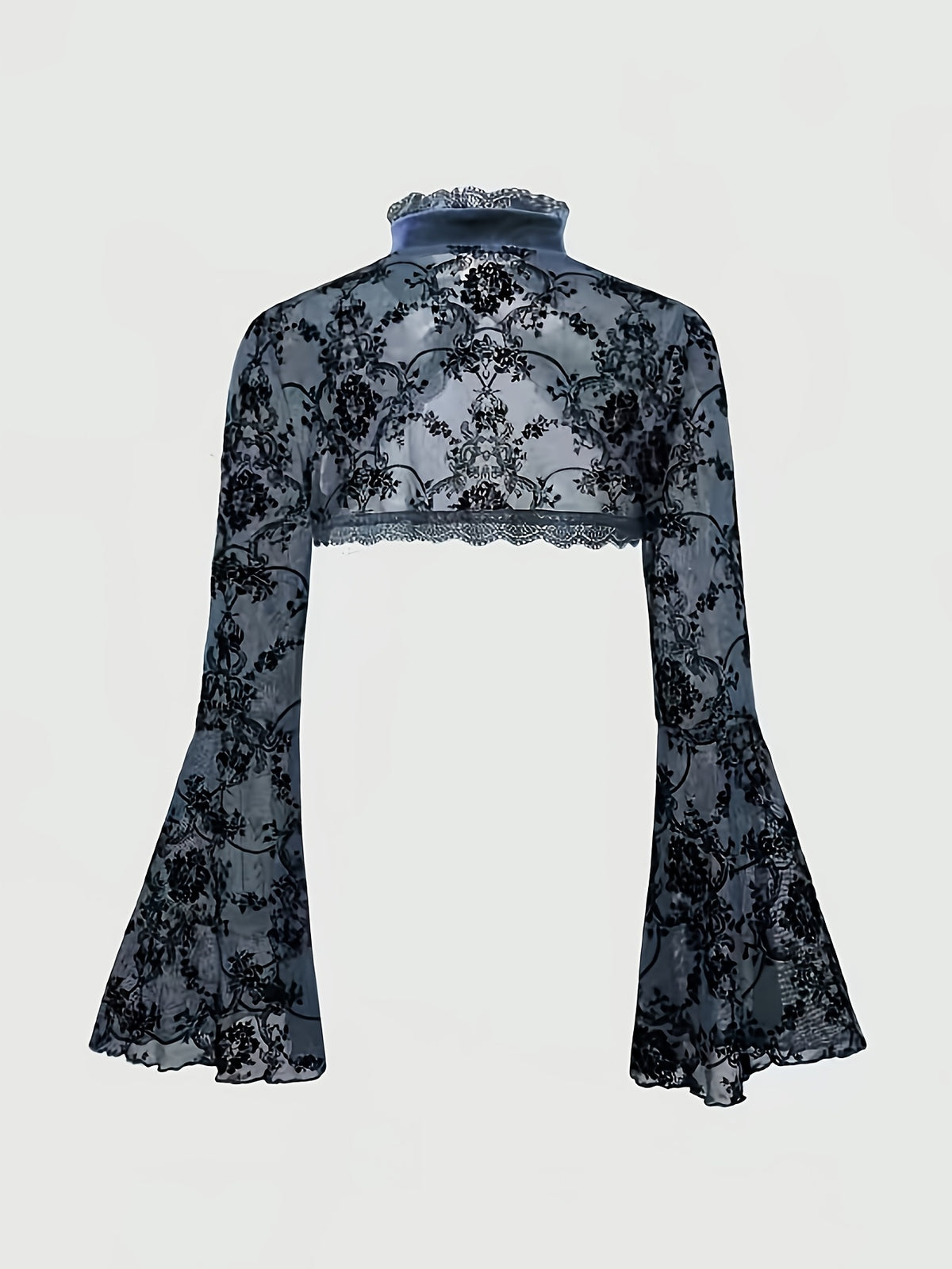[Black Velvet Shirt] Women's Black Velvet High-Neck Bell Sleeve Short Outer Decorative Shirt