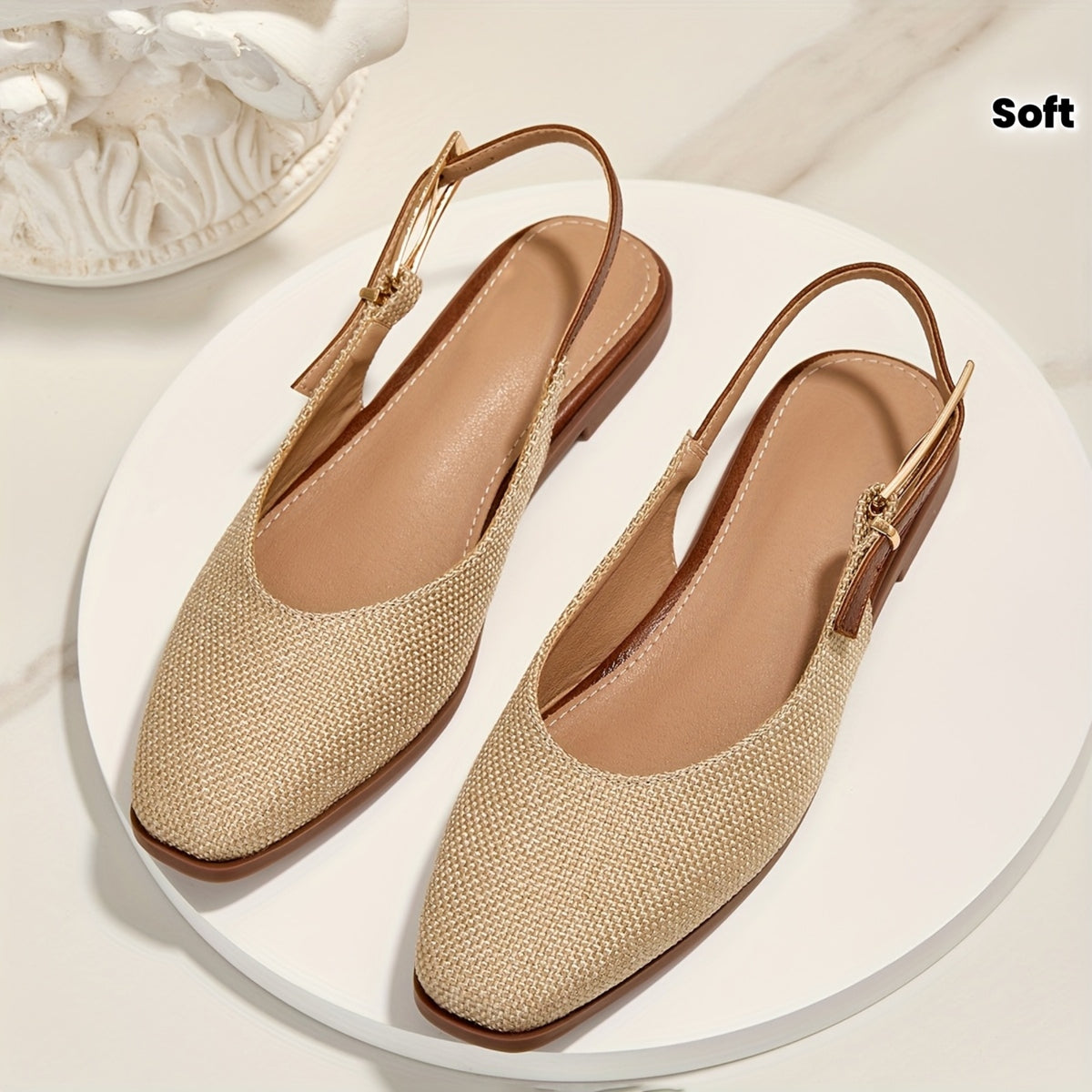 Brown Apricot Linen Square Toe Soft Sole, Shallow Mouth Metal Buckle Women'S Flat Sandals, Women Shoes