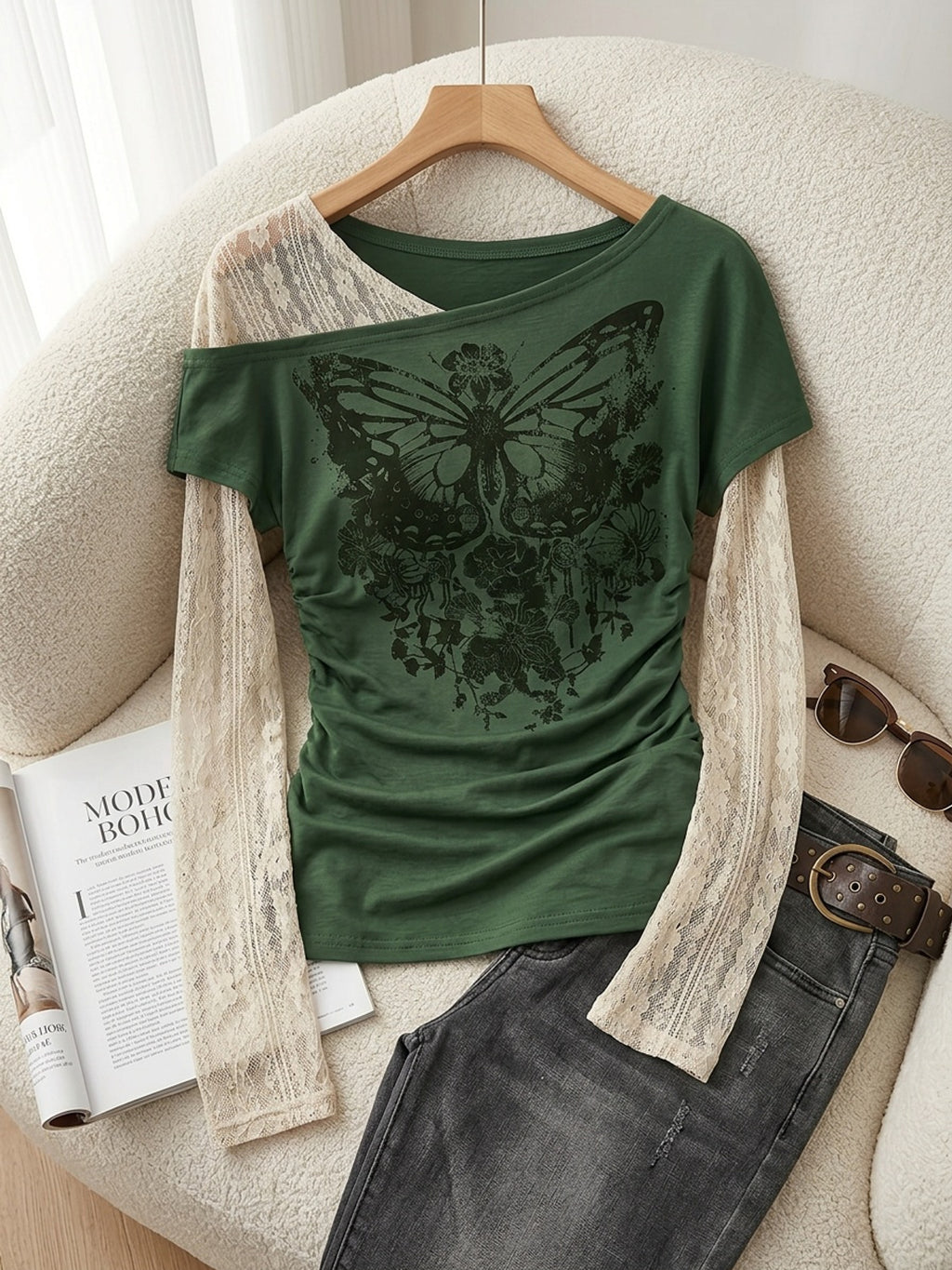 Fashionable Casual Stretchy Lace Patchwork Printed Faux Two-Piece Long Sleeve T-Shirt